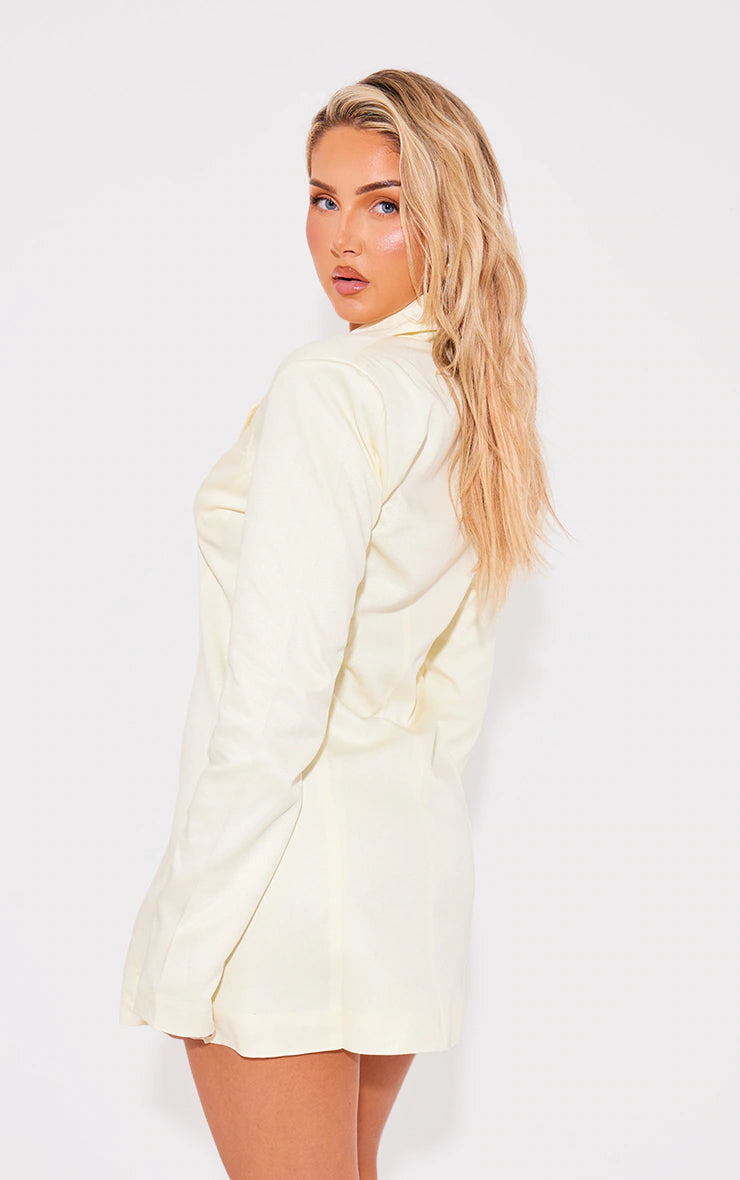 Yellow Textured Button Oversized Blazer Dress
