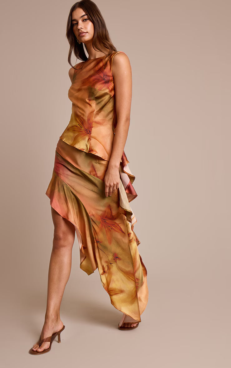 Burnt Orange Printed Satin Asymmetric Ruffle Midi Skirt