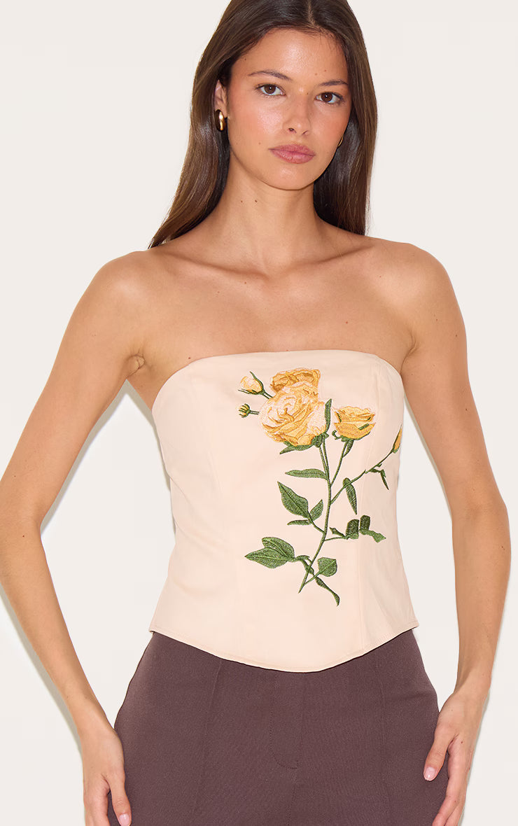 Beige Woven Embroidered Floral Corset