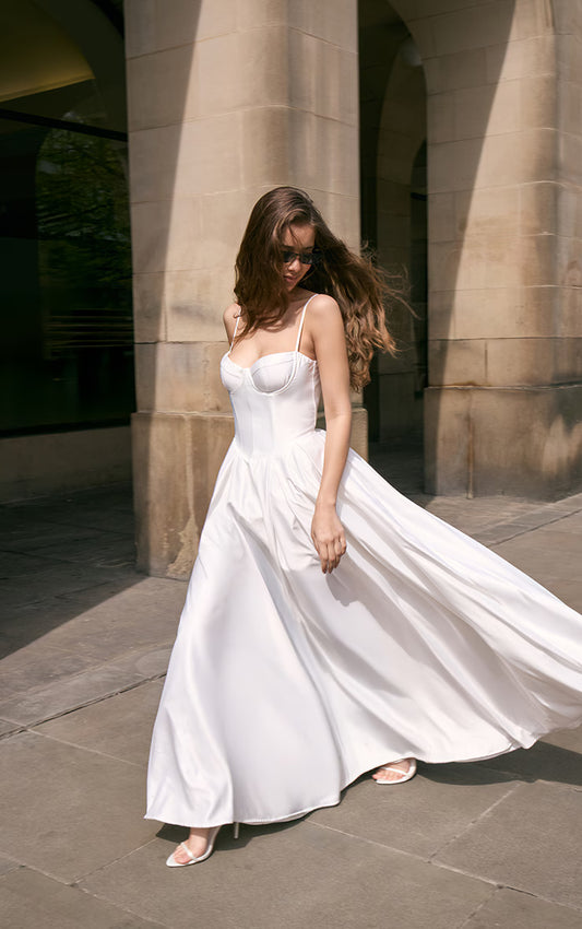 Premium White Satin Corset Skater Maxi Dress