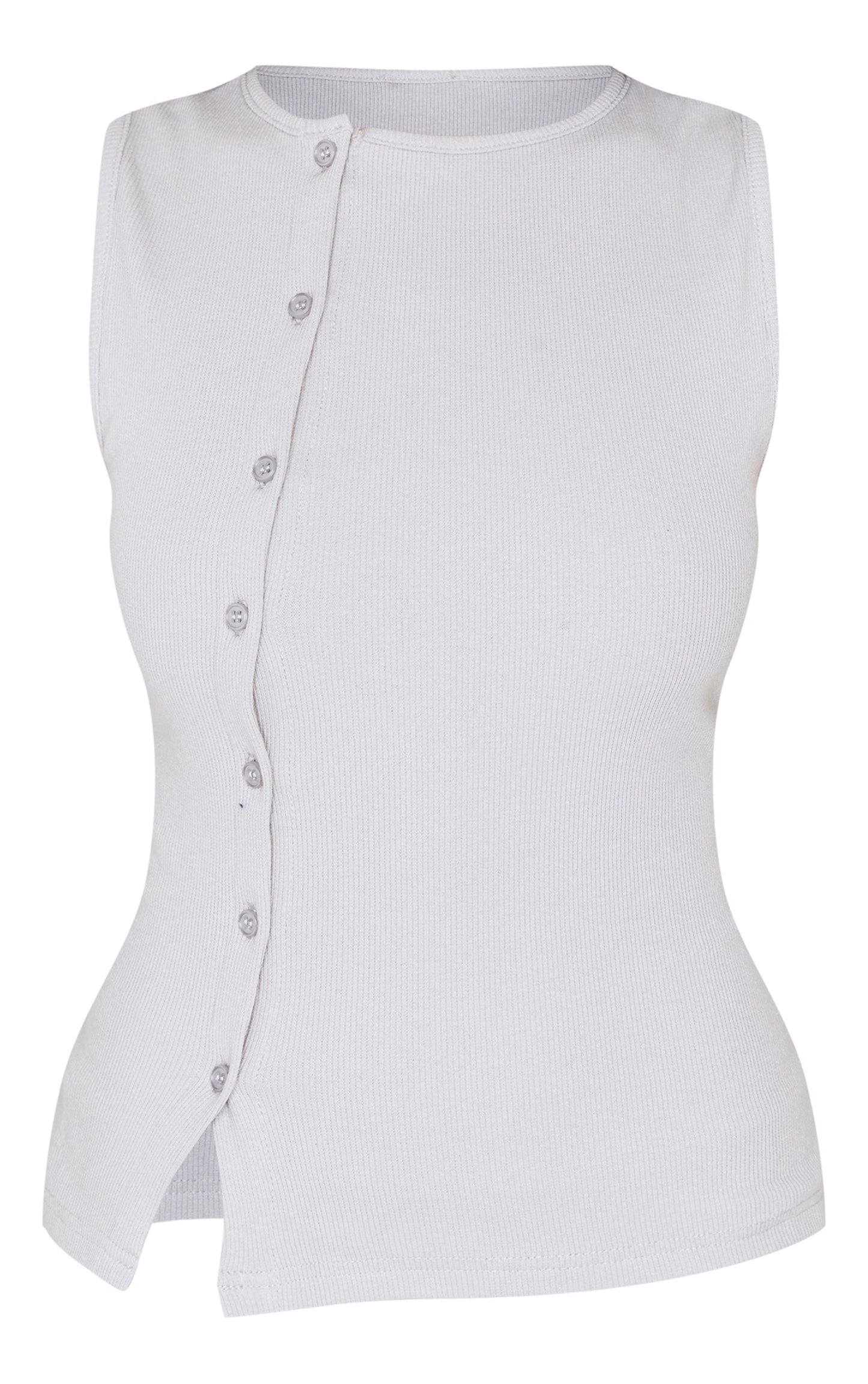 Grey Ribbed Asymmetric Button Up Vest Top