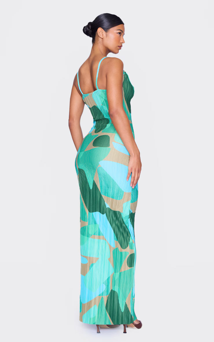 Green Abstract Print Plisse Strappy Maxi Dress