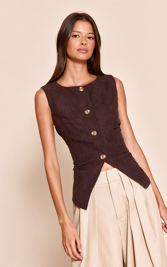 Chocolate Cord Scoop Neck Longline Vest