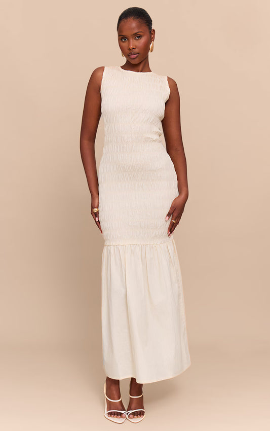 Natural Shirred Detail Drop Waist Maxi Dress