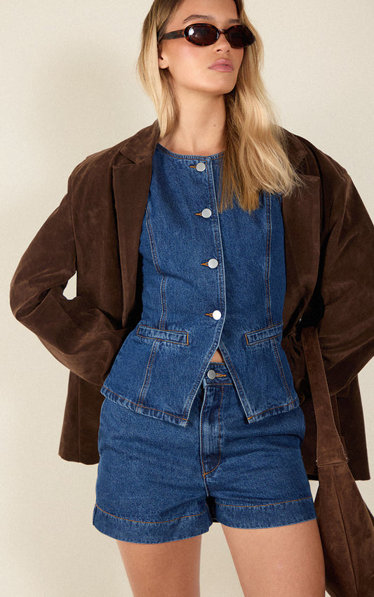 Dark Blue Round Neck Longline Denim Vest