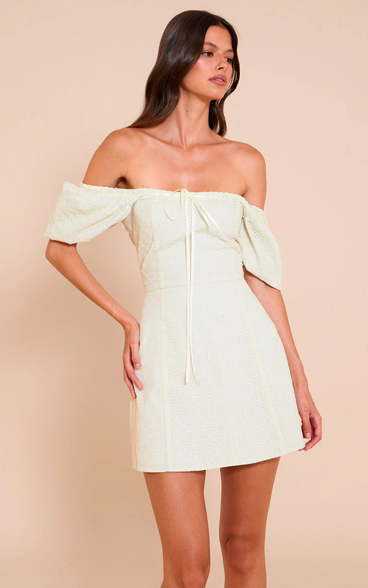 Cream Broderie Puff Sleeve A-line Mini Dress