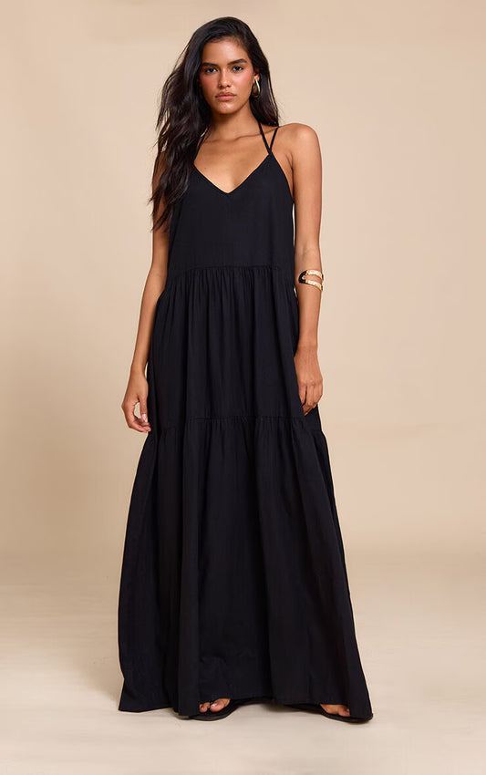 Black Strappy Ruched Maxi Dress