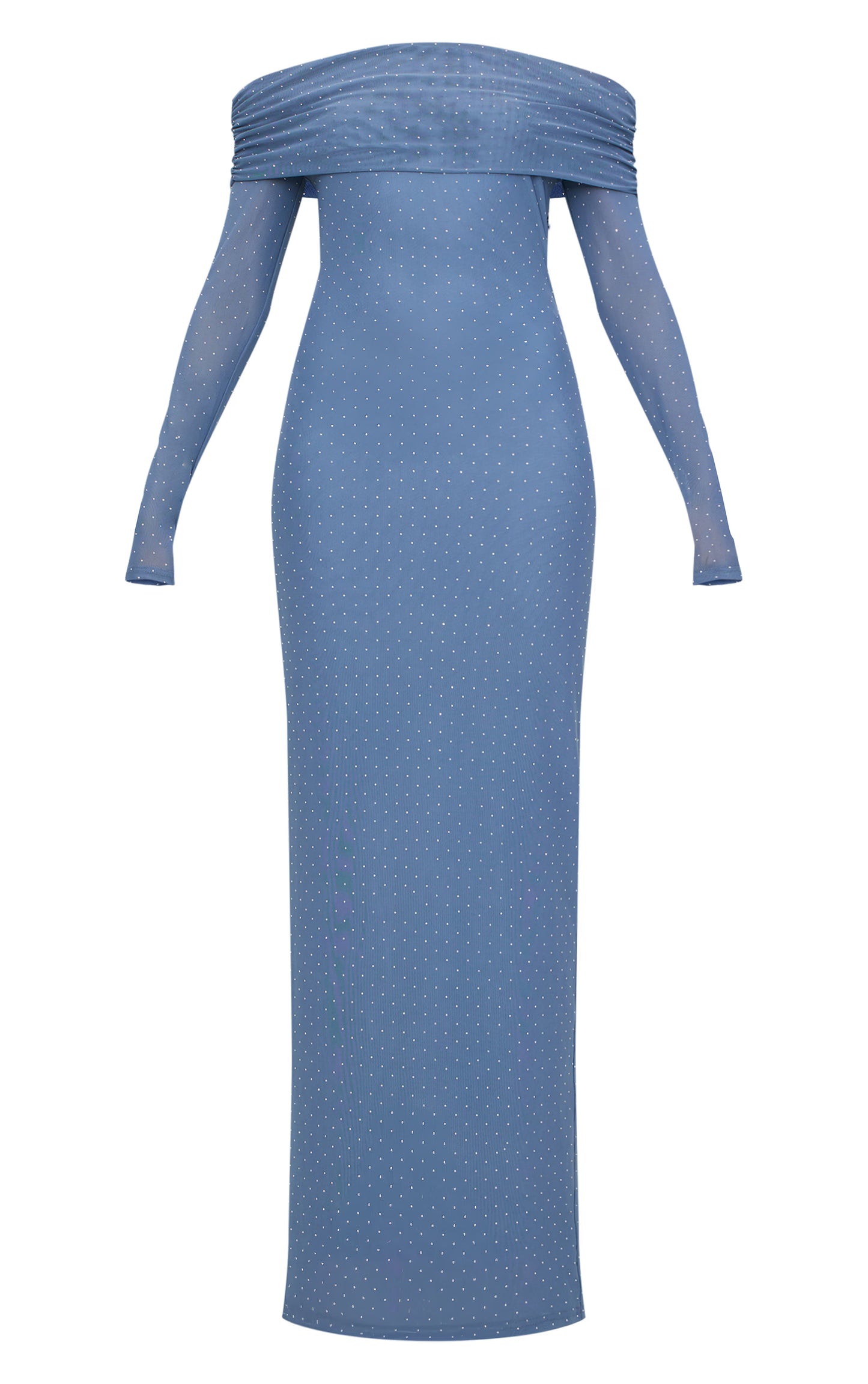 Steel Blue Diamante Bardot Long Sleeve Flare Sleeve Maxi Dress