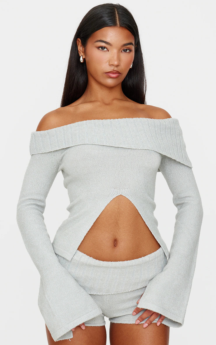 Light Grey Textured Knit Foldover Shorts