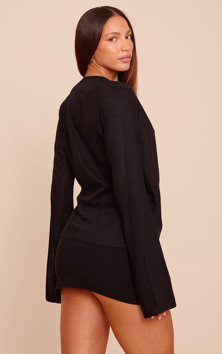 Tall Black Lightweight Woven Wrap Trim Tie Top