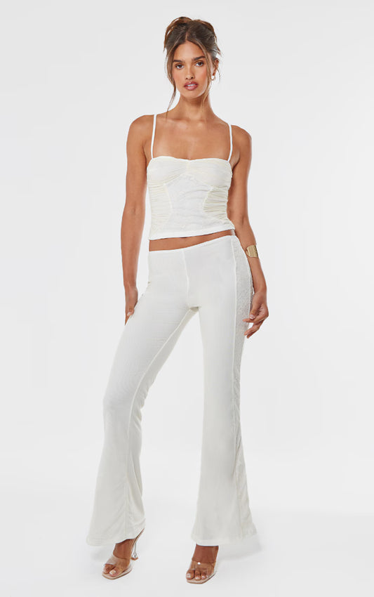 Cream Lace Mesh Panel Straight Leg Pants