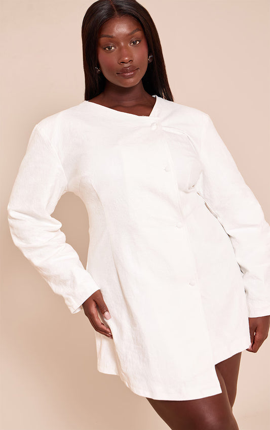 Plus White Premium Linen Cinched Waist Cocoon Sleeve Mini Dress