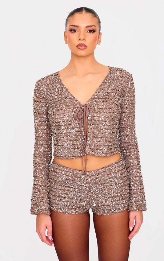 Taupe Textured Sequin Tie Top