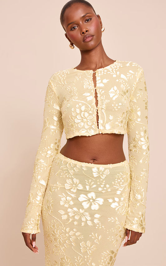 Butter Yellow Floral Sheer Button Cropped Top