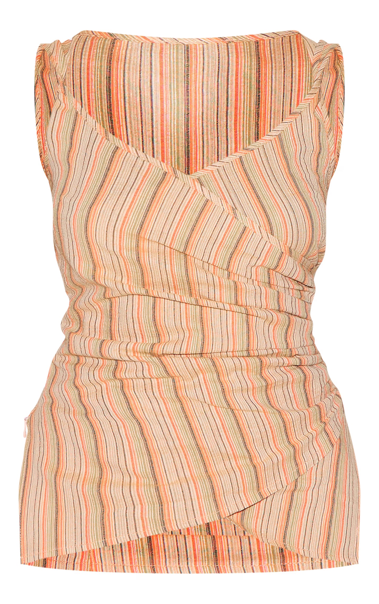 Orange Linen Look Striped Ruched Wrap Front Top
