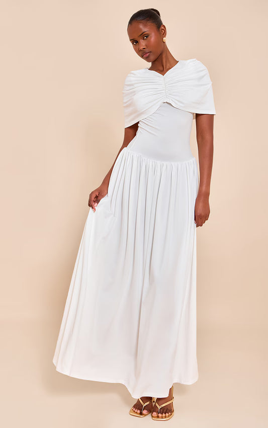 White Bardot Extreme Fold Over Ruched Detail Maxi Dress