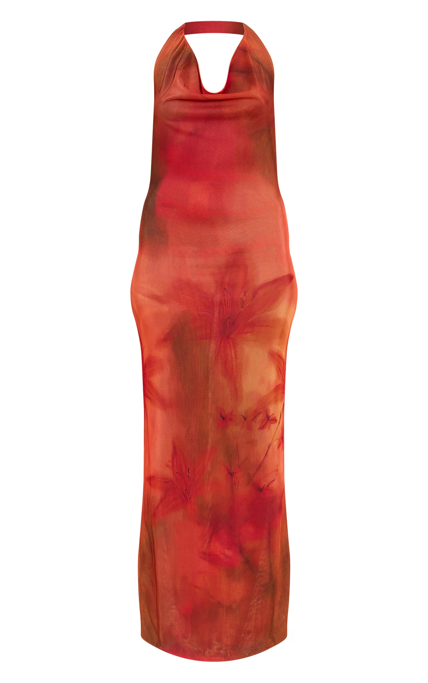 Red Floral Print Halter Neck Plunge Maxi Dress