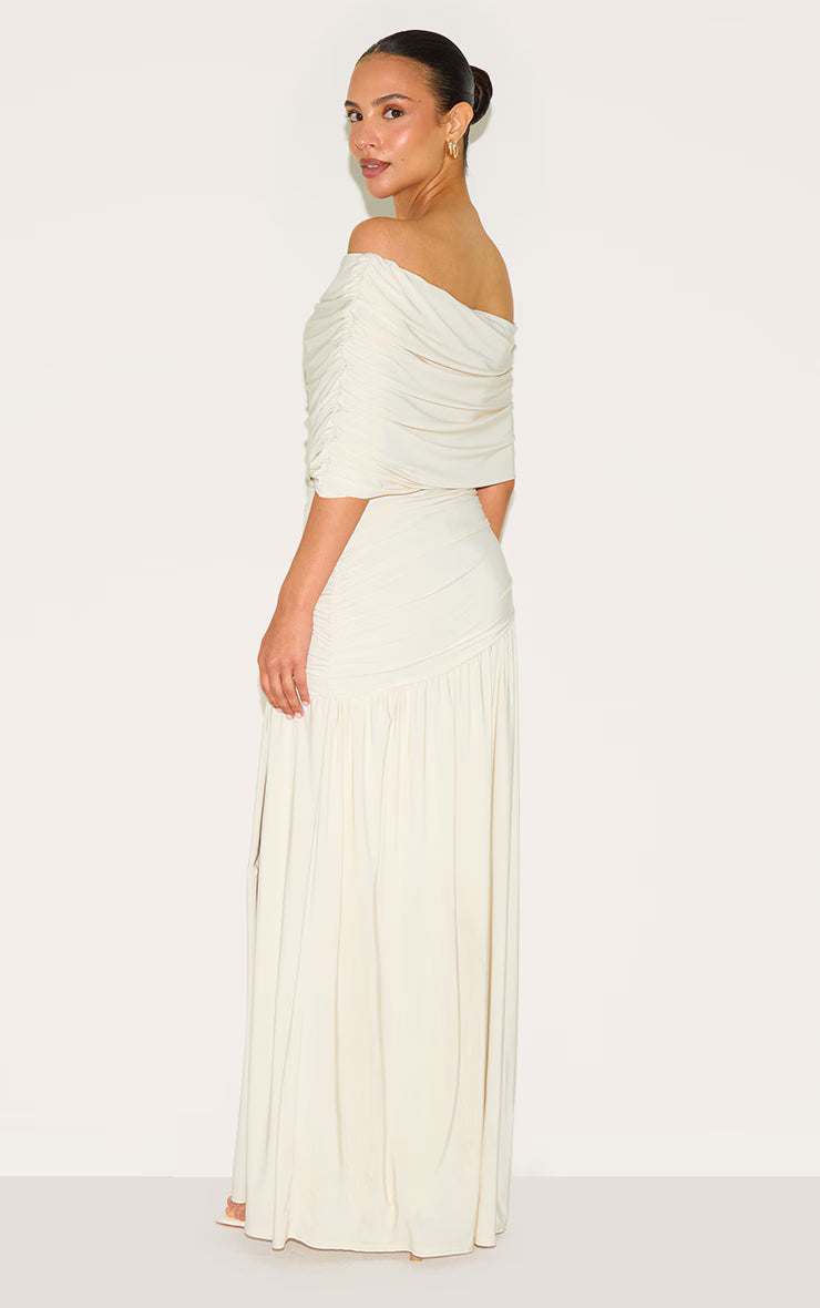 Petite White Double Layer Slinky Bardot One Shoulder Ruched Maxi Dress
