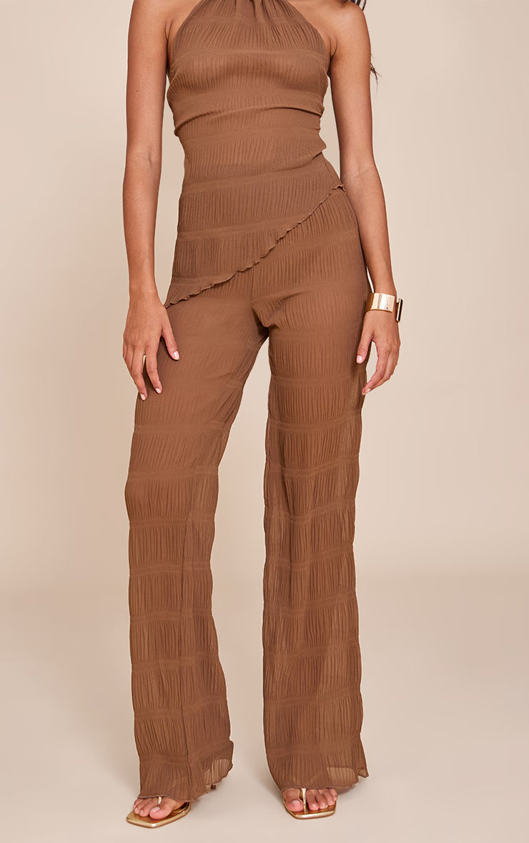 Chocolate Brown Textured Sheer Woven Mid Rise Straight Leg Pant