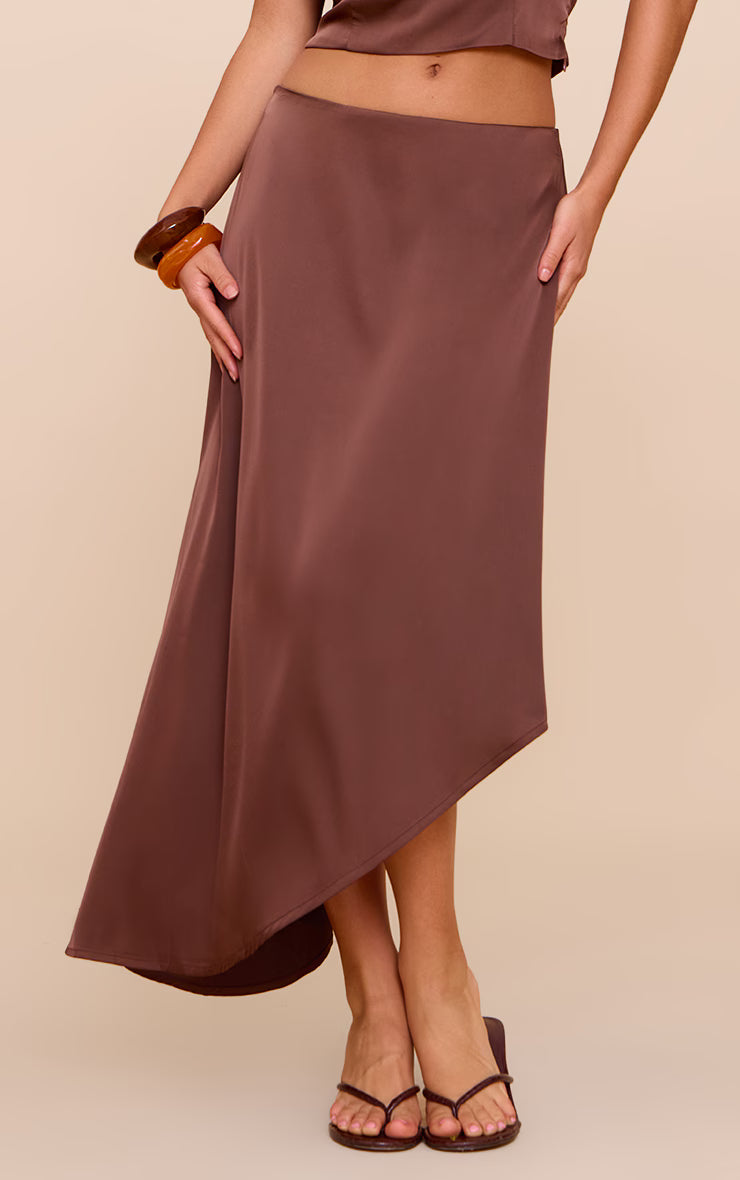 Dark Brown Satin Asymmetric Midi Skirt