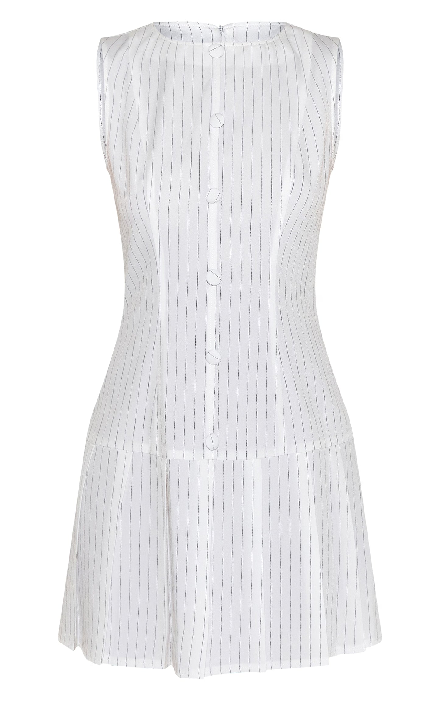 White Pinstripe Button Down Pleated Hem Shift Dress