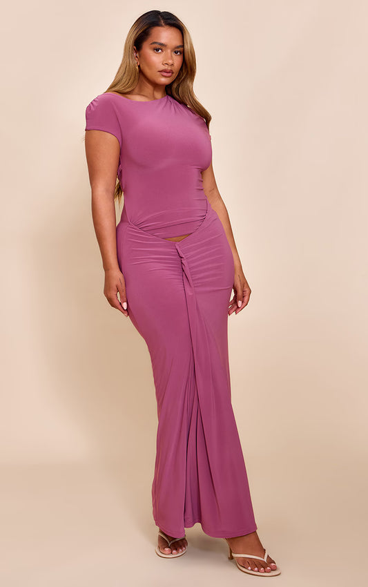 Shape Mauve Off Shoulder Lace Up Back Drape Detail Maxi Dress