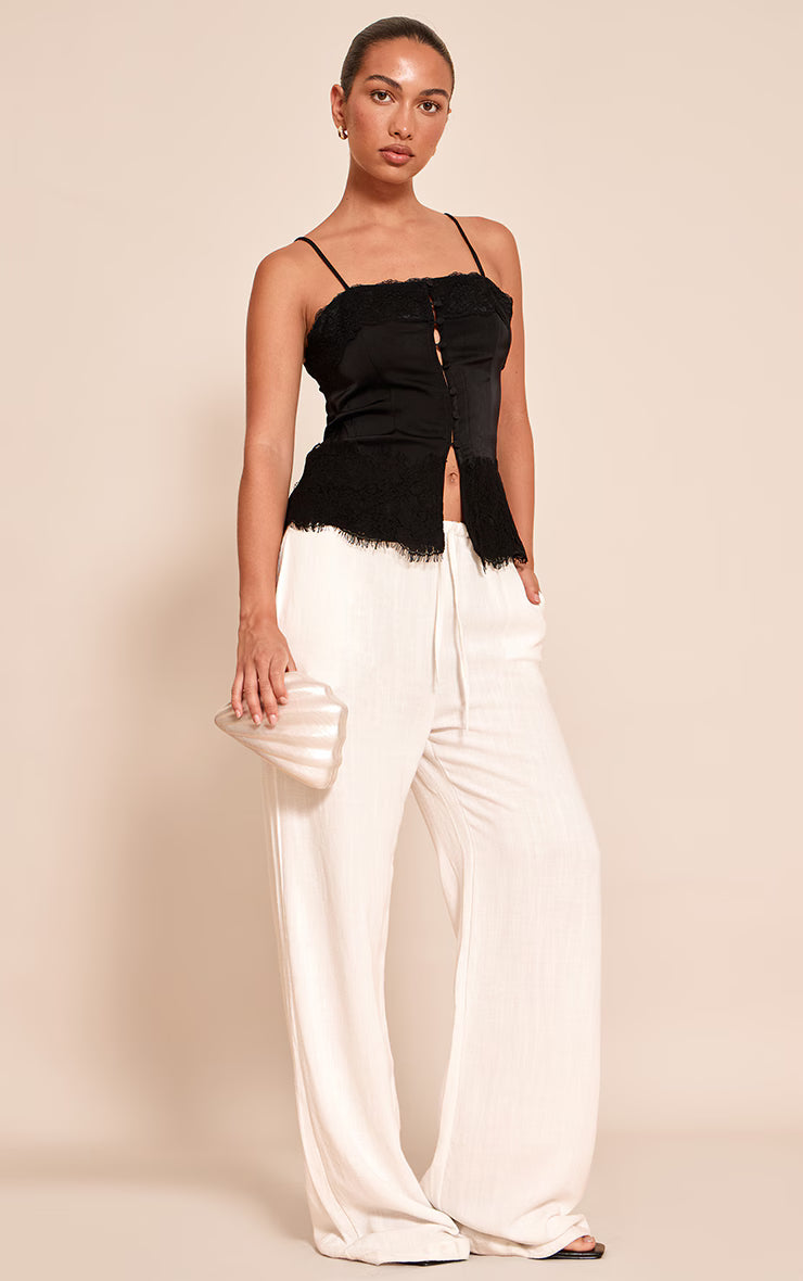 Black Satin Button Up Lace Detail Cami