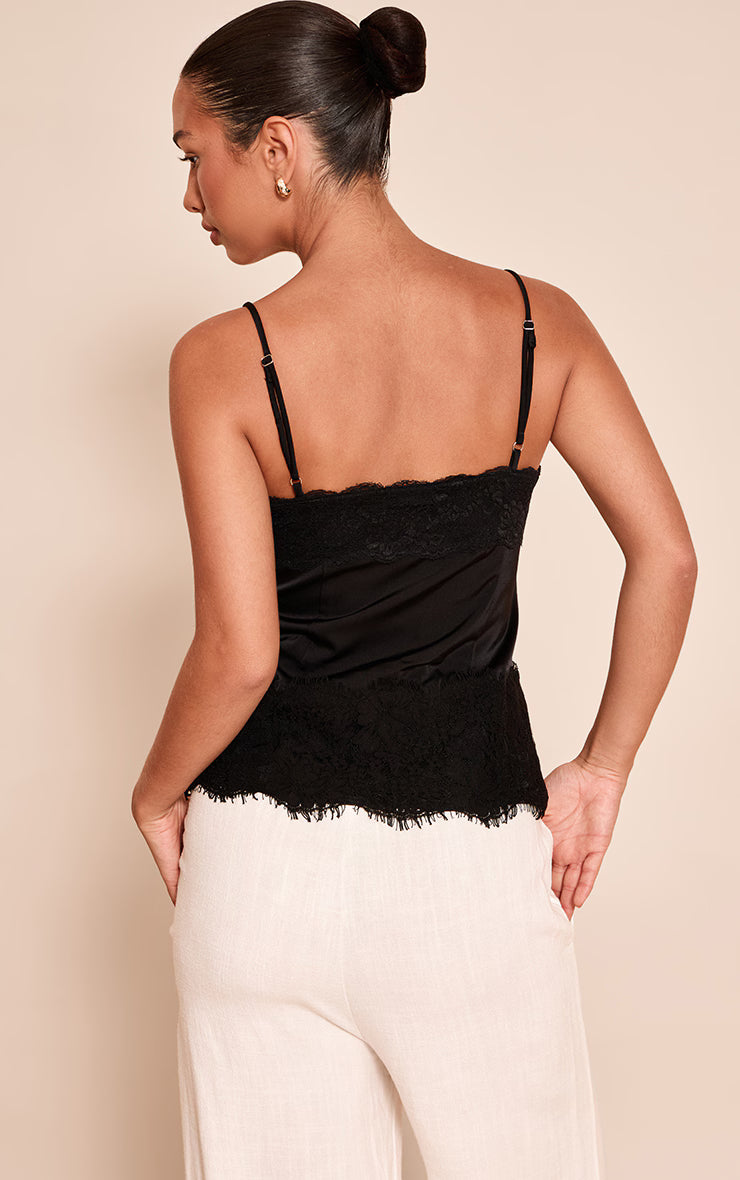 Black Satin Button Up Lace Detail Cami