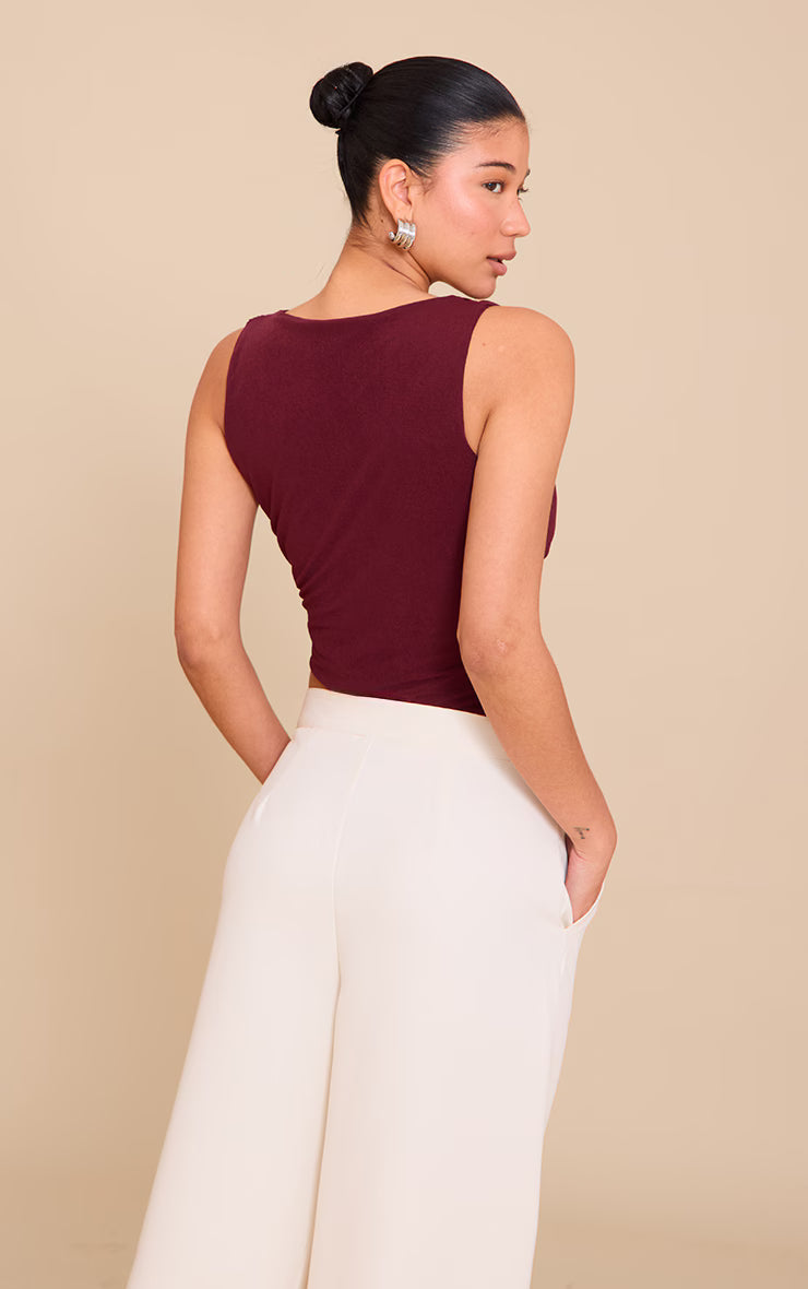 Wine Stretch Chiffon Cowl Neck Long Top
