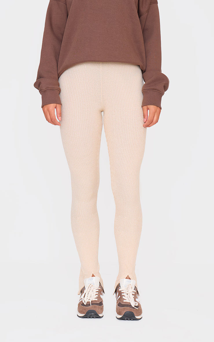 Oatmeal Knitted Split Hem Flare Pants