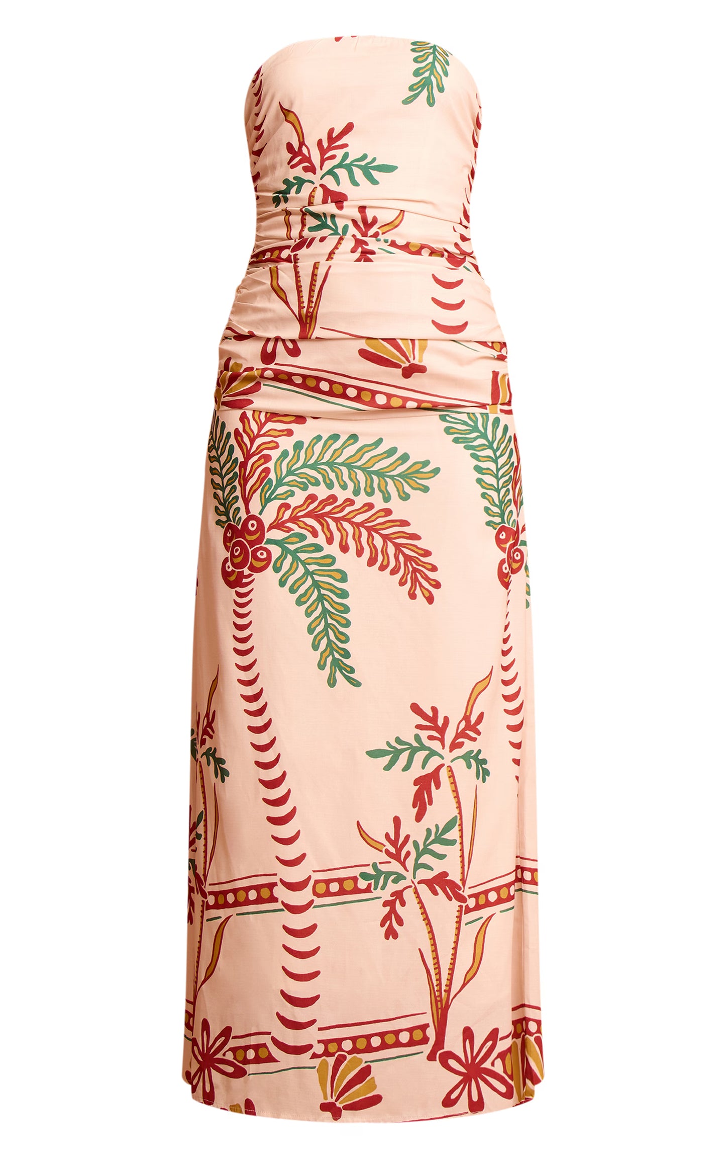 Cream Printed Bandeau Ruched Detail Maxi Dress