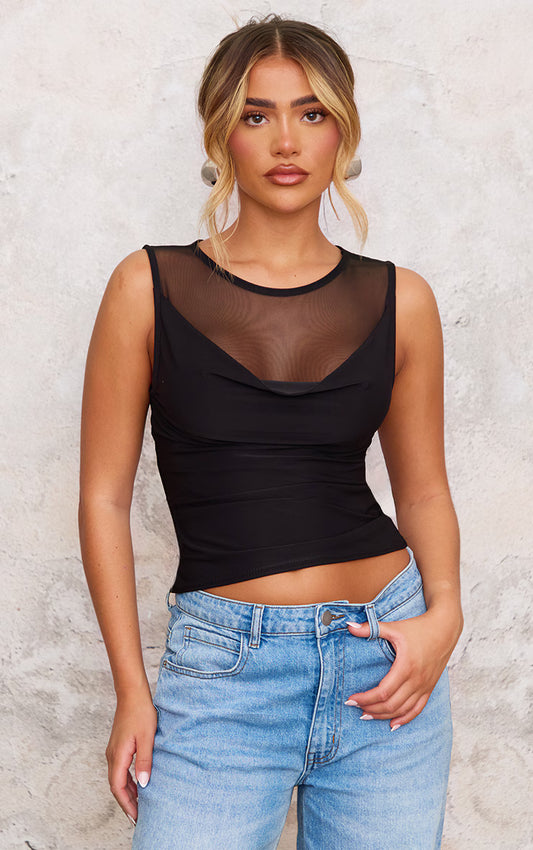 Black Mesh Panel Cowl Slinky Top