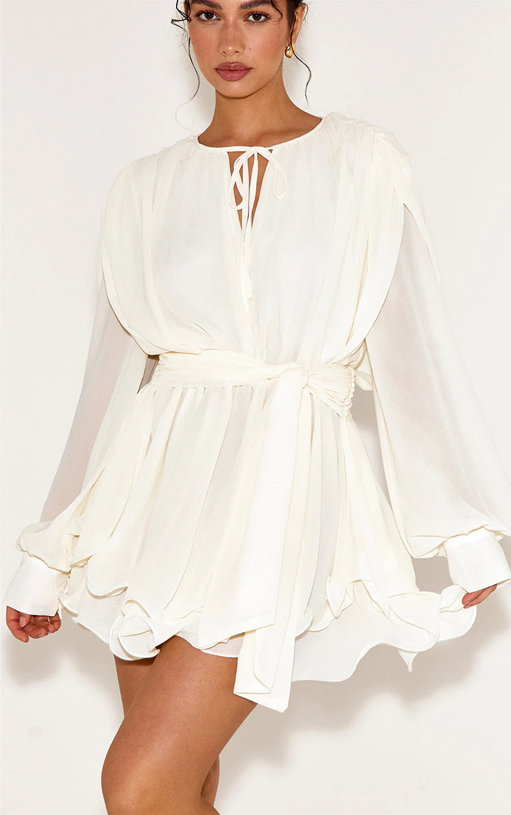 Cream Floaty Tie Detail Long Sleeve Shift Dress