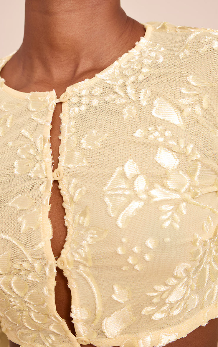 Butter Yellow Floral Sheer Button Cropped Top