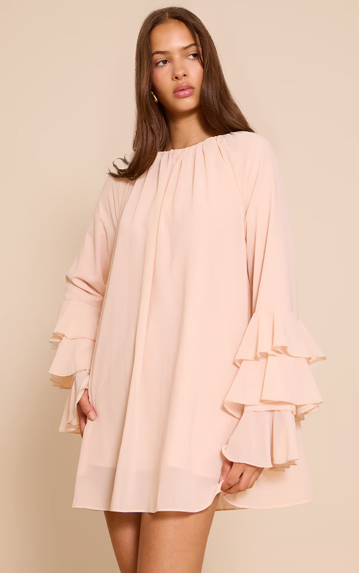 Blush Chiffon Frill Sleeve Detail Shift Dress
