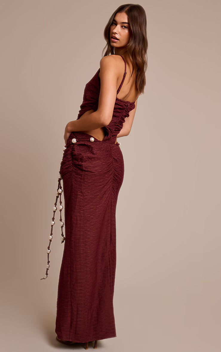 Burgundy Crinkle Textured Bead Detail Maxi Dress