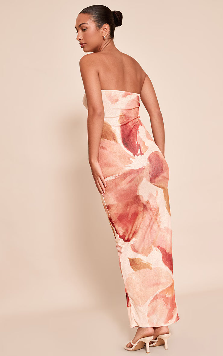 Pink Floral Abstract Printed Onion Skin Bandeau Maxi Dress
