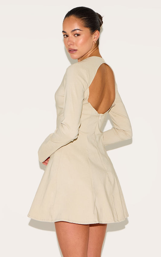 Beige Woven Boat Neck Flare Sleeve Shift Dress