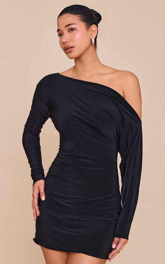 Black Double Layer Slinky Asymmetric Off The Shoulder Mini Dress