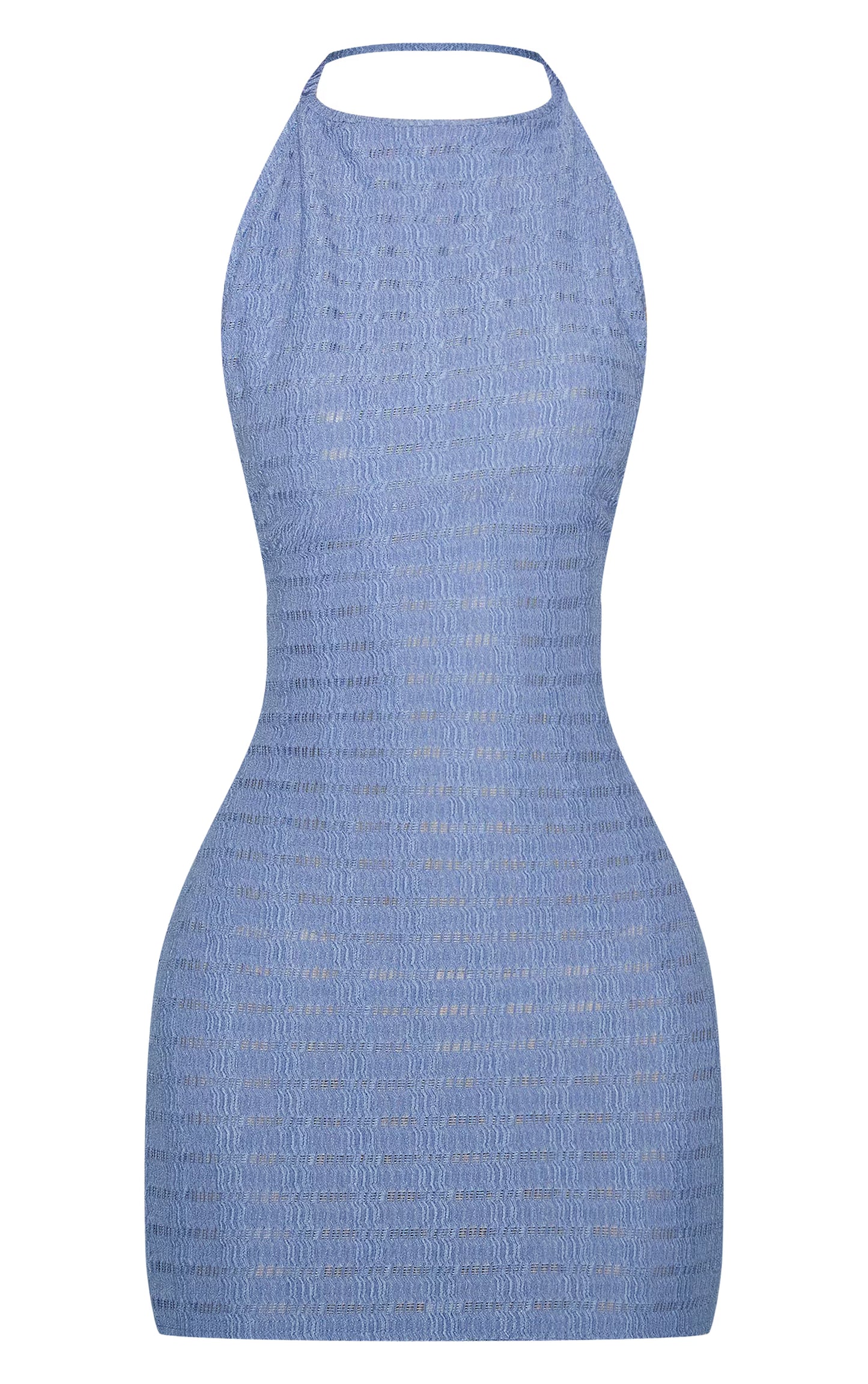Blue Textured Halterneck Low Back Sleeveless Mini Dress