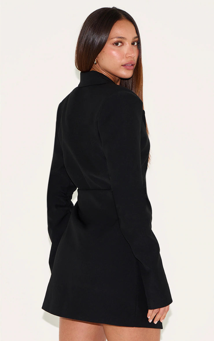 Tall Black Cinched Waist Detail Ruched Blazer Dress