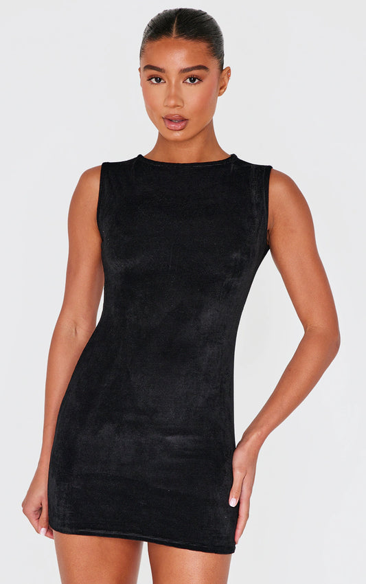 Black Cord Boat Neck Mini Dress