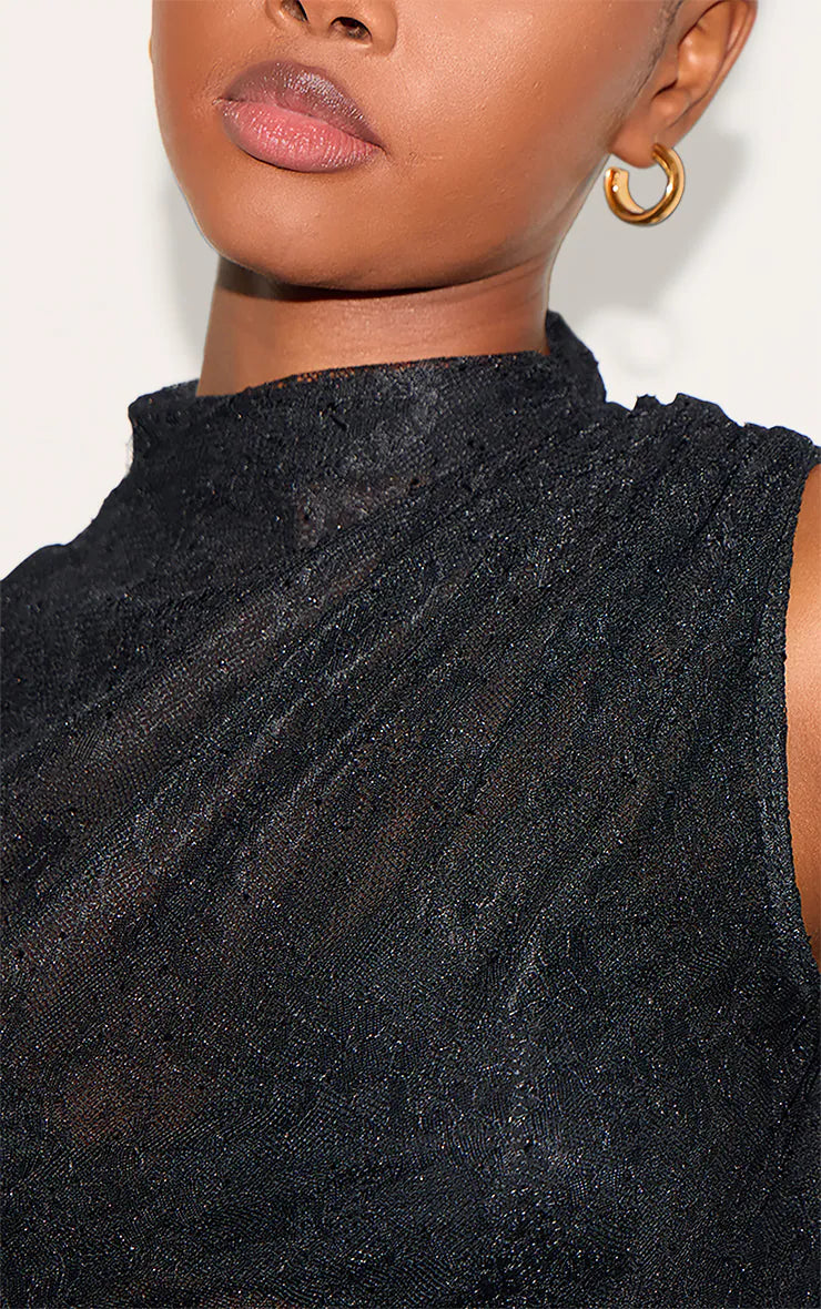 Black Lace Ruched Shoulder High Neck Top