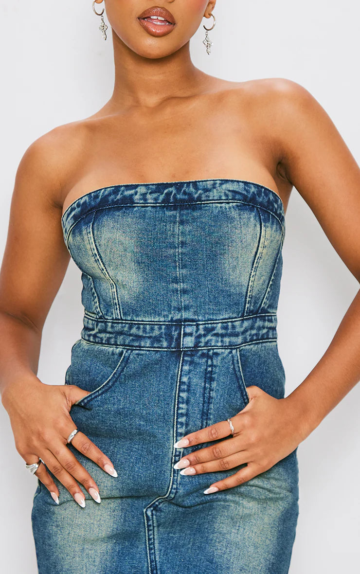 Indigo Blue Wash Zip Detail Bandeau Mini Dress