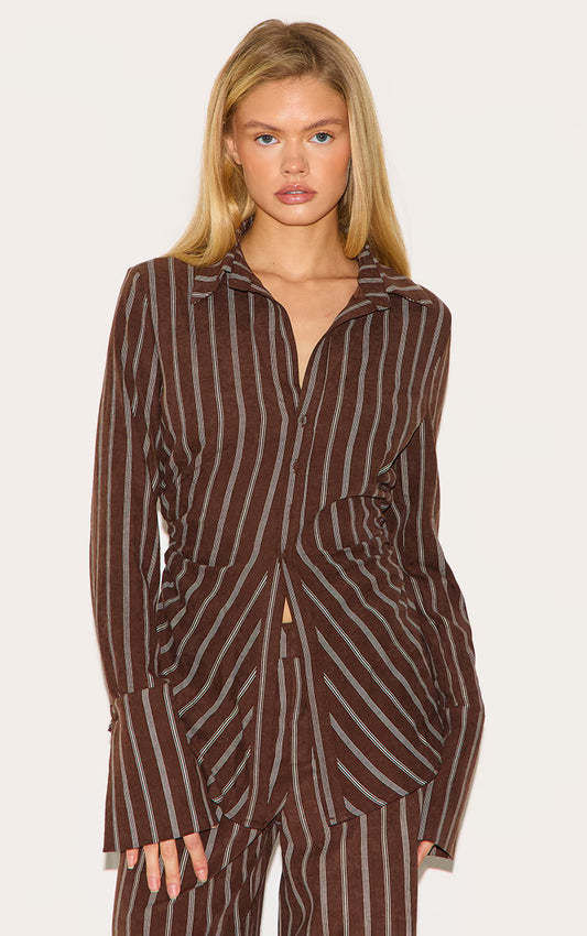 Brown Striped Asymmetric Cinched Deep Cuff Shirt