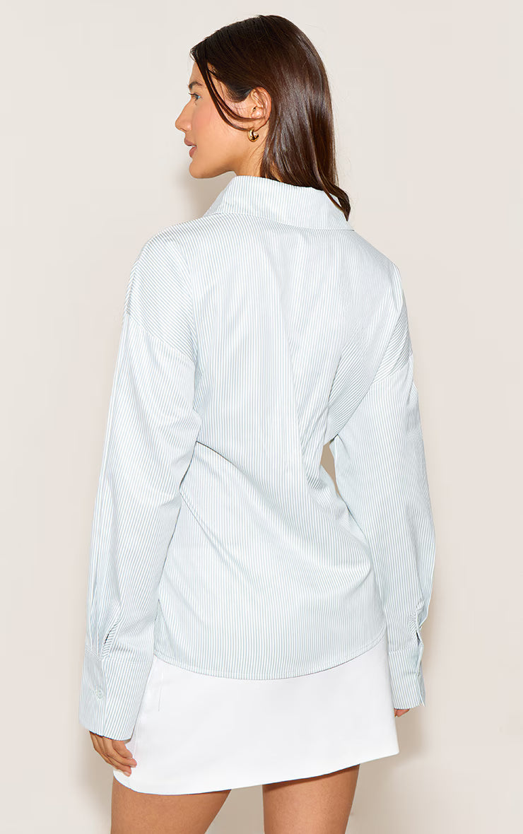 Sage Green Stripe Asymmetric Drape Shirt