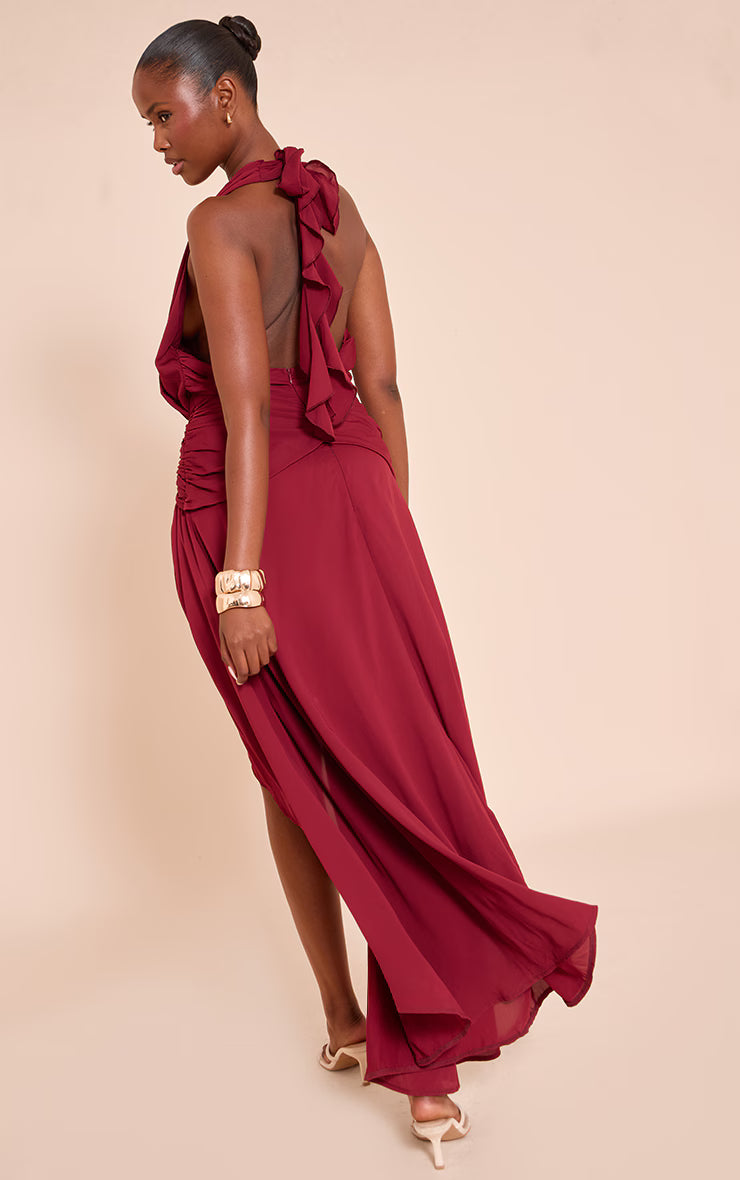 Wine Chiffon Plunge Trim Detail Maxi Dress