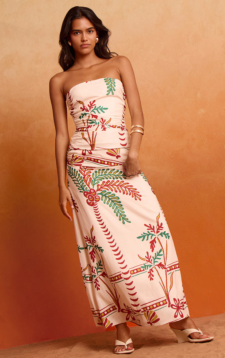 Cream Printed Bandeau Ruched Detail Maxi Dress