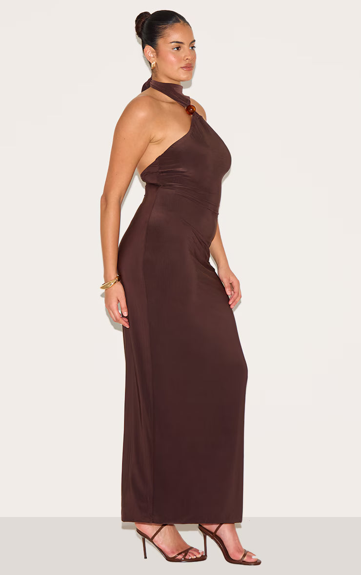 Plus Dark Chocolate Slinky Bead Detail Halter Maxi Dress