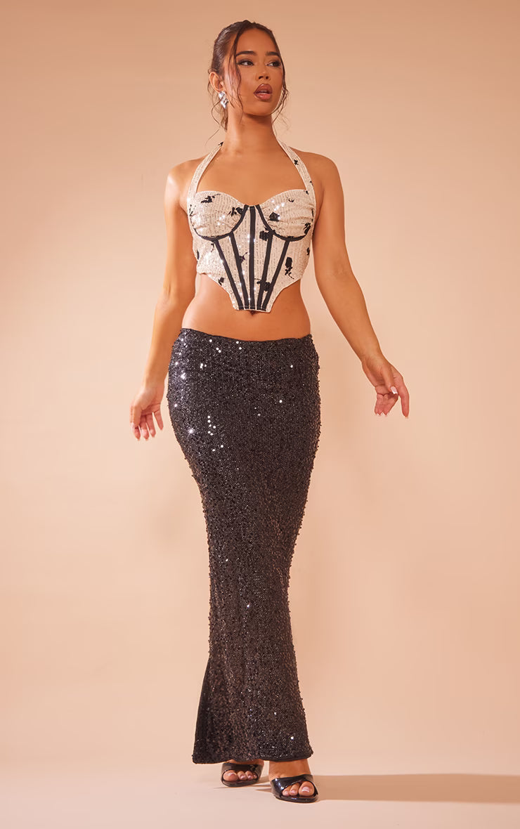 Nude Floral Detail Sequin Halter Bonded Ruched Bust Corset